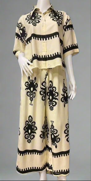 Cotton Casual Print Collar Down Crop Shirt With Loose Pants